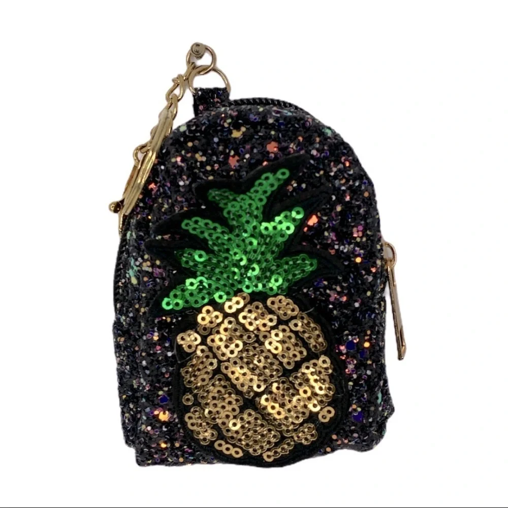 GLITTER PINEAPPLE MINI BACKPACK COIN PURSE KEYCHAIN IN BLACK‎